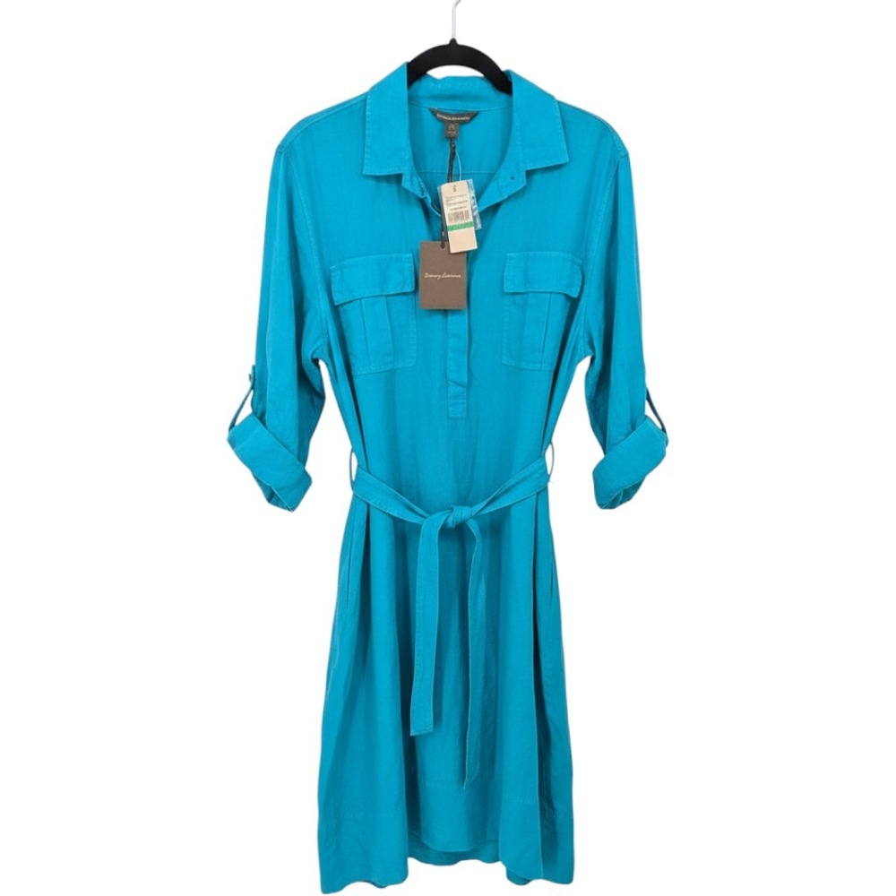 Tommy Bahama Linen Dress Women Large Teal Green Belted Coastal Resort Vacation
